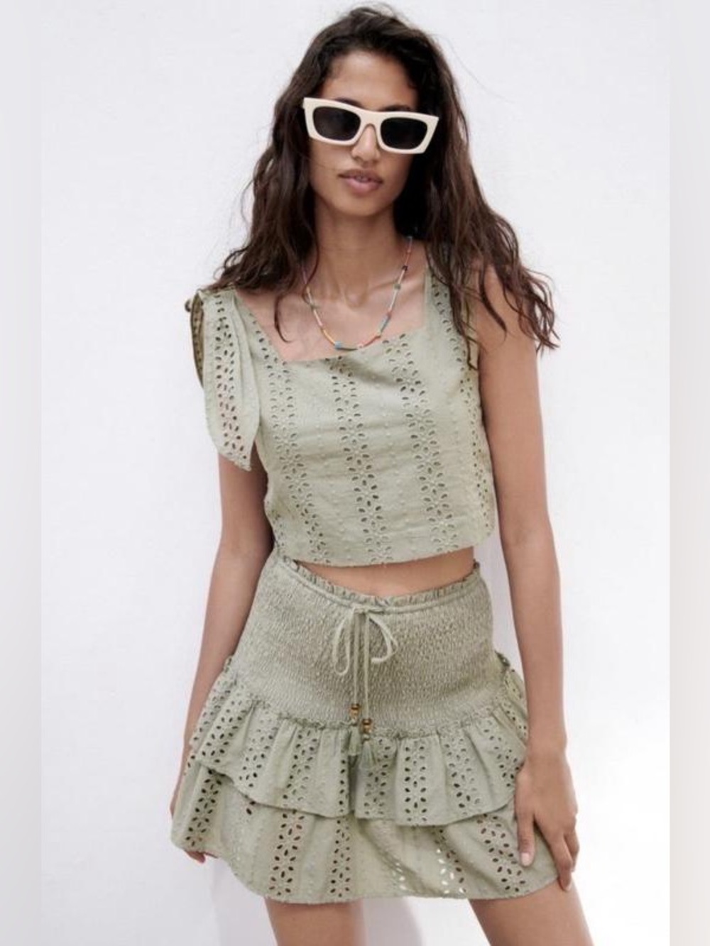 Zara Sage Green Eyelet Embroidered Smocked Skort NWT Size Large Boho Mini